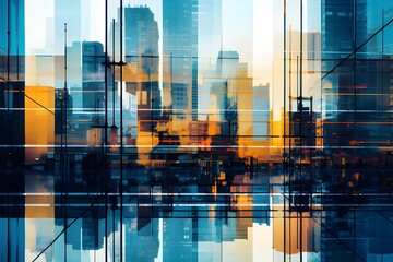 An abstract composition of reflections on a glass building, capturing the surrounding cityscape.

