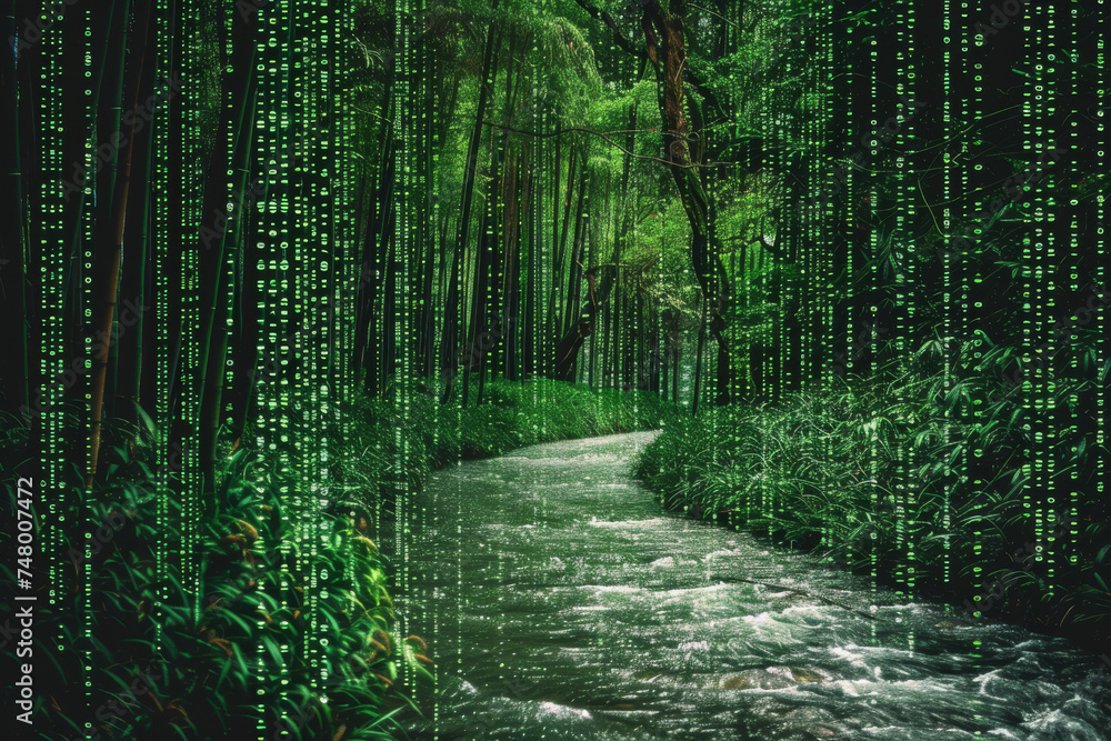 Poster a stream in a forest with a matrix background
