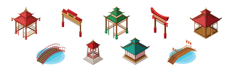 Asian Architecture with Pagoda, Gazebo, Torii Gate and Bridge Isometric Vector Set
