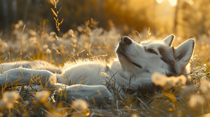 The dog husky lies on its background the dog plays  - obrazy, fototapety, plakaty