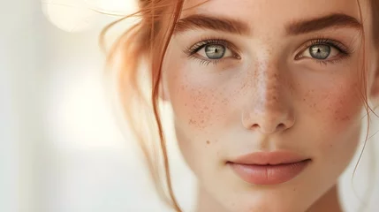 Fotobehang Radiant beautifull CloseUp of Young Womans Clean Skin with Cream on Cheeks © Muzikitooo