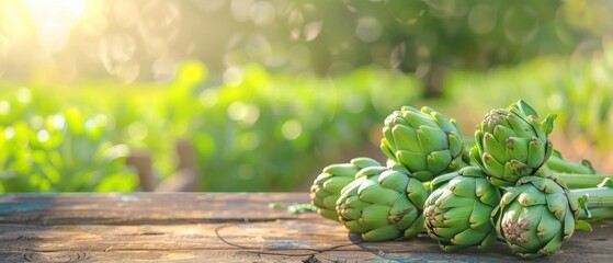 Fresh Artichokes on Wooden Table at Sunset, A group of fresh artichokes sits on a rustic wooden...