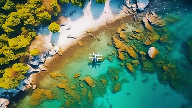 Top view from a quadcopter of a picturesque coast with bright green vegetation and clear water, in which underwater rocks are visible. Concept: nature, ecotourism, and also for use in geographical res
