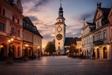 A historic clock tower in a European town square, marking the passage of time.


