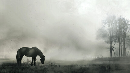 The horse is grazing in the fog