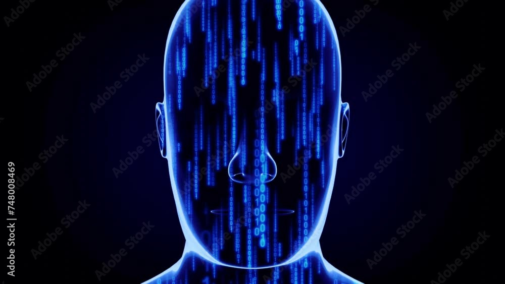 Aufkleber geometrical man face and matrix style binary code - 3d 4k animation (3840 x 2160 px)