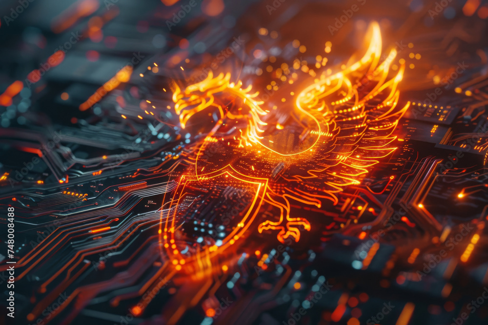 Poster A computer circuit board with a glowing eagle on it