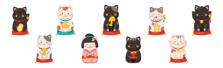 Japanese Lucky Cat with Beckoning Paw Vector Set
