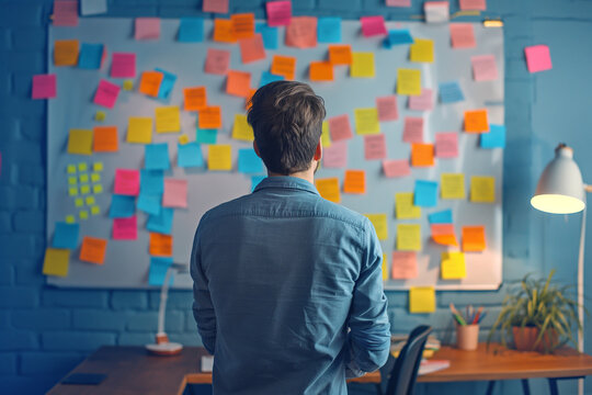 A focused individual stands in front of a whiteboard covered with colorful sticky notes, sketches, and flowcharts, , depicting intense brainstorming and project planning in a contemporary office