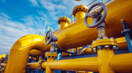 Industrial Yellow Gas Pipeline Against Blue Sky, Vivid yellow gas pipelines with valves and fittings, installed outdoors against a clear blue sky with light cloud cover.
