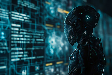 Fototapeta premium A robot with a helmet on looks at a computer screen