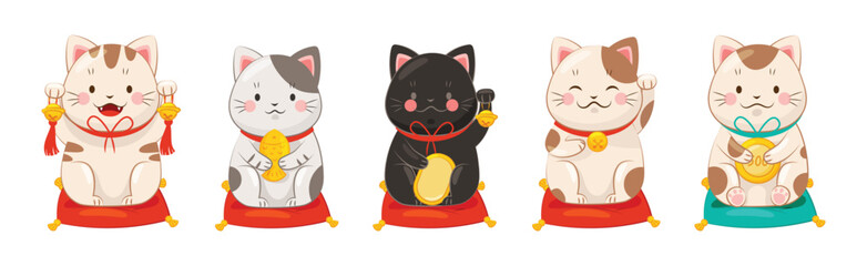Japanese Lucky Cat with Beckoning Paw Vector Set