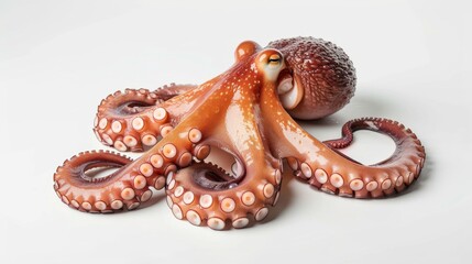 Fresh Whole Raw Octopus Isolated on White, A whole, raw octopus with tentacles extended, showcasing its suction cups in high detail, isolated on a white background.