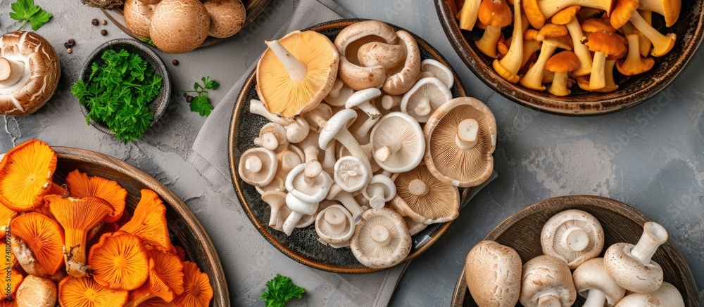 Poster a table is covered with bowls filled with different types of mushrooms, including fresh and oyster v