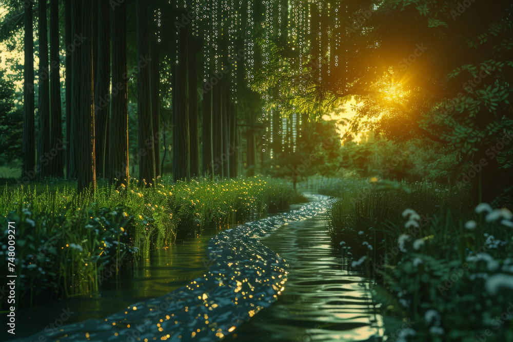 Poster a stream running through a forest with the sun shining through the trees