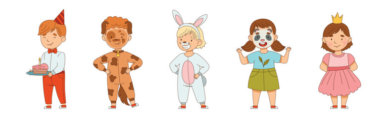Happy Boy and Girl at Birthday Party Celebrate Holiday Vector Set
