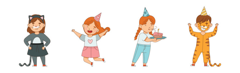 Happy Boy and Girl at Birthday Party Celebrate Holiday Vector Set