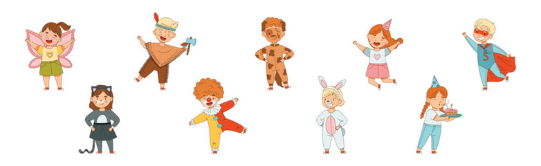 Happy Boy and Girl at Birthday Party Celebrate Holiday Vector Set