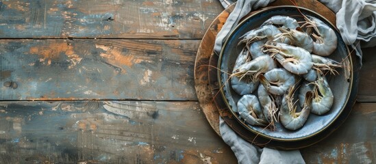 A bowl filled with raw shrimp sits prominently on a rustic wooden table, showcasing the delicious seafood awaiting preparation. The vibrant pink color of the shrimp contrasts beautifully with the - Powered by Adobe