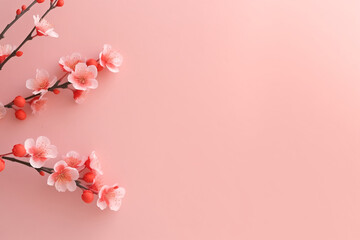 A branches of blooming pink sakura on a pink background. Cherry, apricot, almond flowers. Wallpaper, banner with copy space.