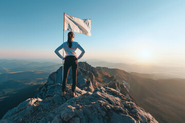Obraz premium Businesswoman with orange flag standing with arms on hips on mountain top, Leadership and victory concept