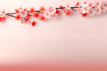 A branches of blooming pink sakura on a gradient pink background. Cherry, apricot, almond flowers. Wallpaper, banner with copy space.