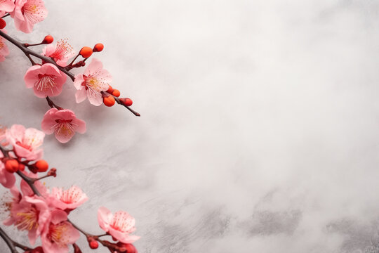 A branches of blooming pink sakura on a marble background. Cherry, apricot, almond flowers. Wallpaper, banner with copy space.