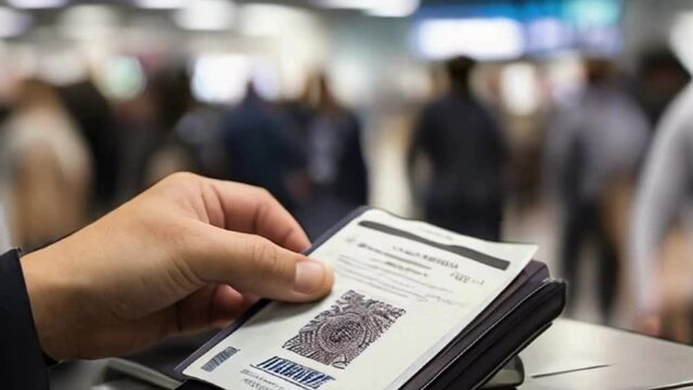 A close-up of a hand holding a biometric passport amidst the hustle and bustle of a busy airport terminal.