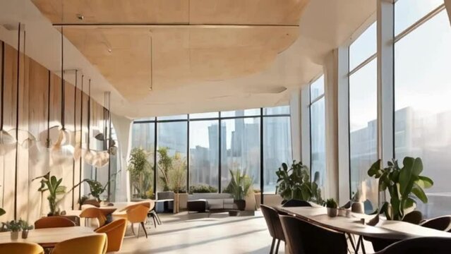 sunlight filters through the window of a coworking space through modern architecture, illuminating the collaborative environment