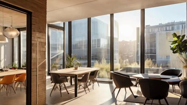 sunlight filters through the window of a coworking space through modern architecture, illuminating the collaborative environment