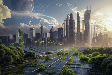 An artist 's impression of a futuristic city with solar panels in the foreground