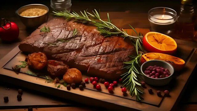 Still life with exquisitely served steak meat on a wooden board garnished with fresh herbs, lemon and grapes,
Concept: cooking, stack recipes, healthy eating publications, restaurant menus or culinary