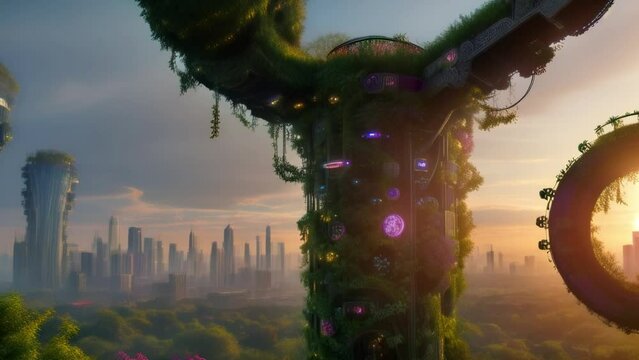 A lush, mechanical structure entwined with nature towers in a clearing