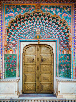 The colorful Lotus gate at the City Palace of Jaipur in Rajasthan, India.