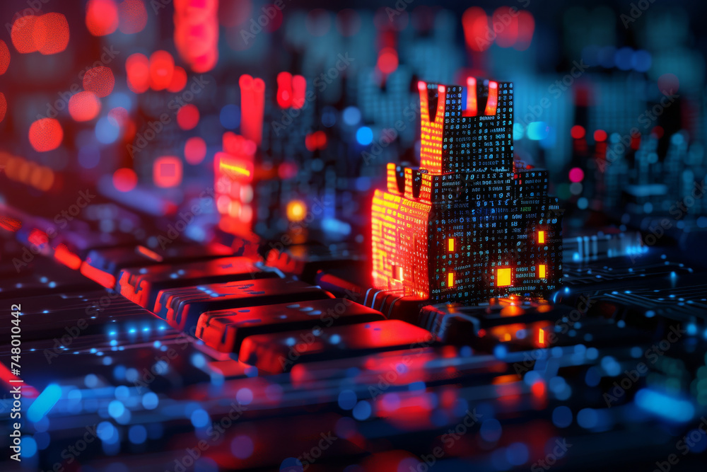 Poster a castle made out of binary code sits on a motherboard