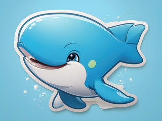 Cute blue whale cartoon character on blue background. Vector illustration.