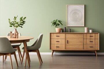 Scandinavian dining room with mint chairs, round table, and mid-century design by green wall - obrazy, fototapety, plakaty