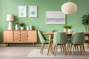 Scandinavian mint chairs at wooden dining table with green wall in modern living room