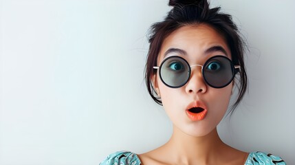 close up portrait of asian woman looking surprised wow face takes off sunglasses and staring impressed camera standing isolated on white background advertisement, copy space. banner - obrazy, fototapety, plakaty