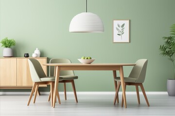 Modern scandinavian living room with mint chairs, round wooden dining table, sofa, and green wall