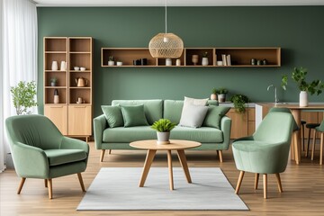 Scandinavian living room with mint chairs at round wooden dining table and sofa near green wall