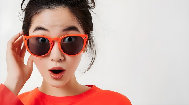 Close Up Portrait Of Asian Woman Looking Surprised Wow Face Takes Off Sunglasses And Staring Impressed Camera Standing Isolated On White Background Advertisement, Copy Space. Banner