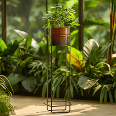 Highlight Plant Stand Amid Lush Greenery with Natural Light and Soft Shadows. ai generated.