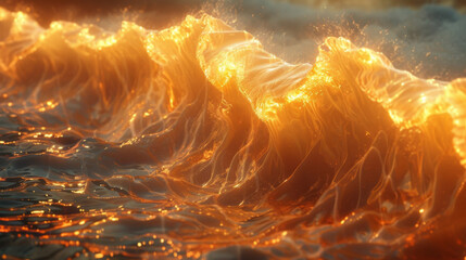 Closeup of the undulating flames resembling waves in a fiery sea.