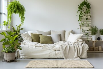 Scandinavian hygge living room with white sofa, plaid, cushions, green houseplants