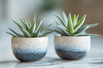 succulent plants in decorative pots on marble surface