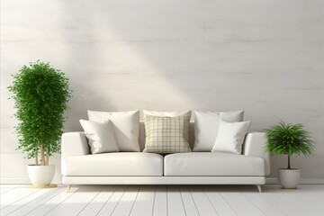 Scandinavian living room. white sofa, plaid, cushions and green houseplants for cozy hygge ambience - obrazy, fototapety, plakaty