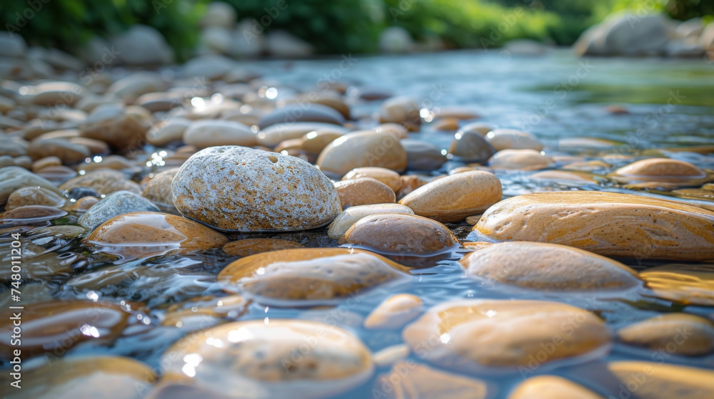Poster texture of smooth pebbles lining the bottom of a serene river inviting the viewer to imagine the tra