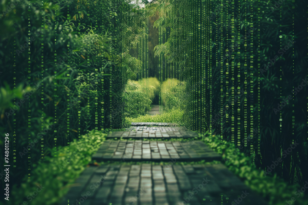 Poster A path in a forest with a matrix background