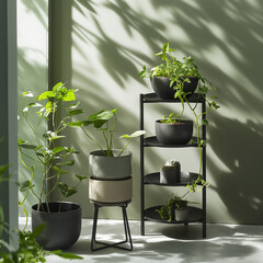 Highlight Plant Stand Amid Lush Greenery with Natural Light and Soft Shadows. ai generated.